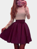 Wholesale Burgundy Round Neck Long Sleeve Lace Zip Back Ruffle Hem Sexy Dress