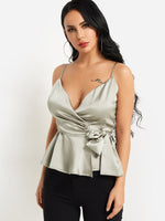 Wholesale V-Neck Plain Self-Tie Sleeveless Flounced Hem Green Camis