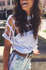 Wholesale Crew Neck Round Neck Hollow Cut Out Short Sleeve White T-Shirts