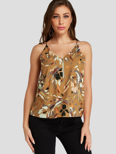 Wholesale V-Neck Camouflage Zip Back Spaghetti Strap Sleeveless Yellow Tank Top