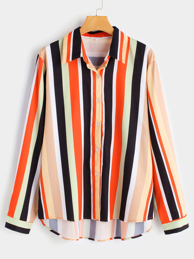 Wholesale Stripe Long Sleeve High-Low Hem Plus Size Tops