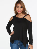 Wholesale Asymmetrical Cold Shoulder Cut Out Long Sleeve Irregular Hem Black T-Shirts