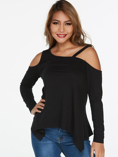 Wholesale Asymmetrical Cold Shoulder Cut Out Long Sleeve Irregular Hem Black T-Shirts