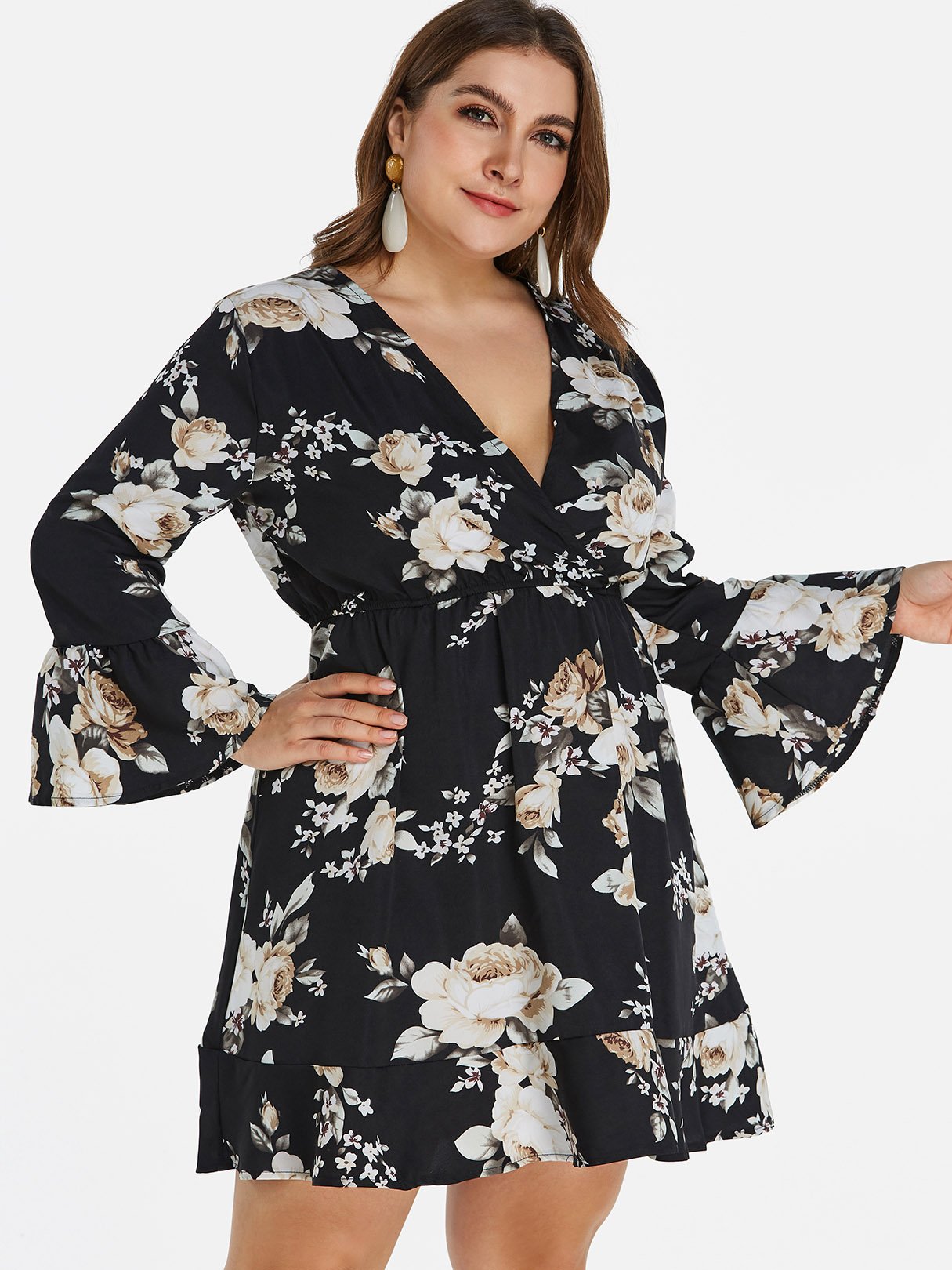 Wholesale V-Neck Floral Print Wrap Long Sleeve Ruffle Hem Black Plus Size Dress