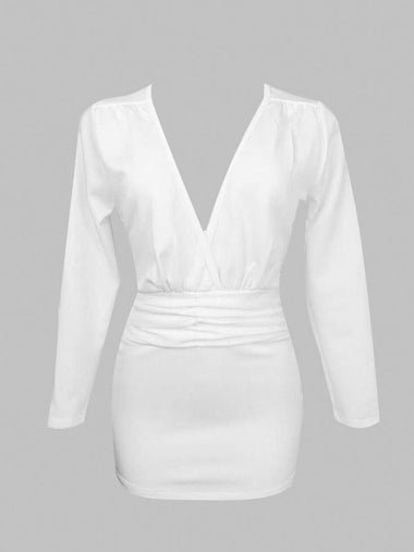 Wholesale White Deep V Neck Long Sleeve Pleated Wrap Bodycon Hem Dresses