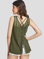 Wholesale Round Neck Plain Crochet Lace Embellished Lace-Up Criss-Cross Sleeveless Army Green Tank Top