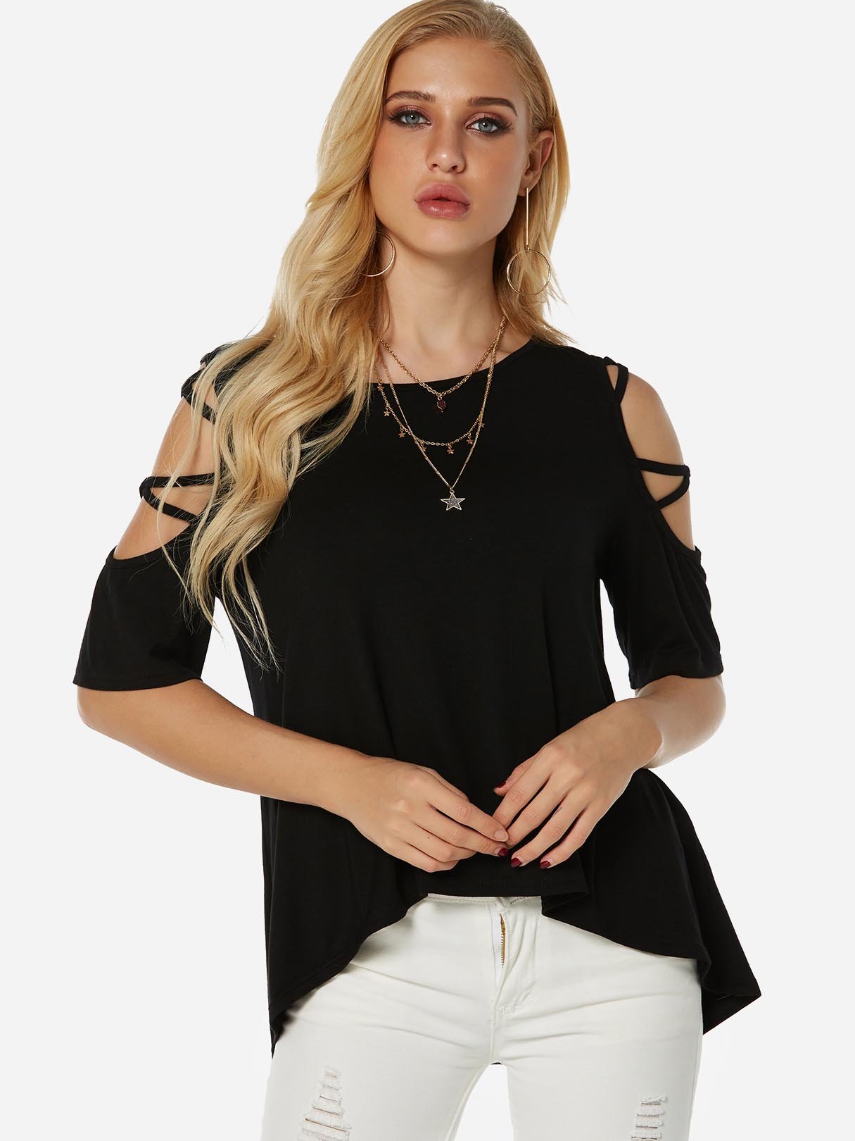 Wholesale Cold Shoulder Short Sleeve Black Tee
