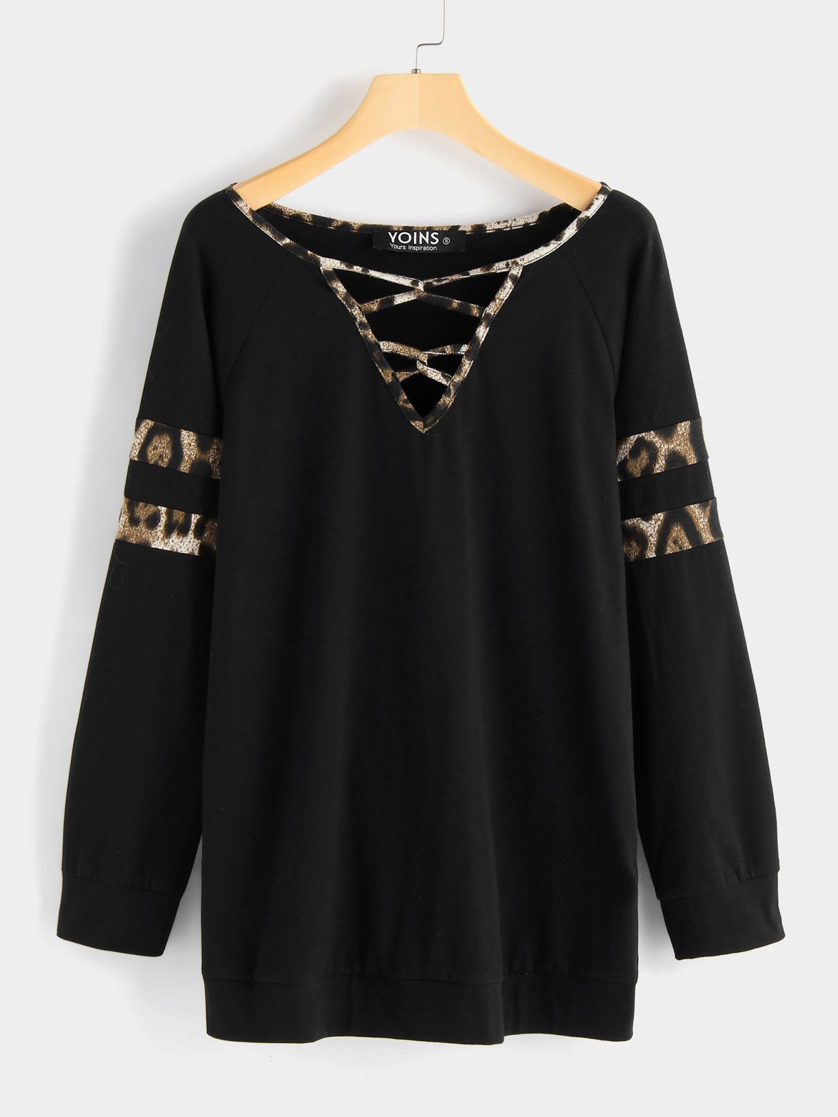 Wholesale V-Neck Leopard Long Sleeve Black T-Shirts