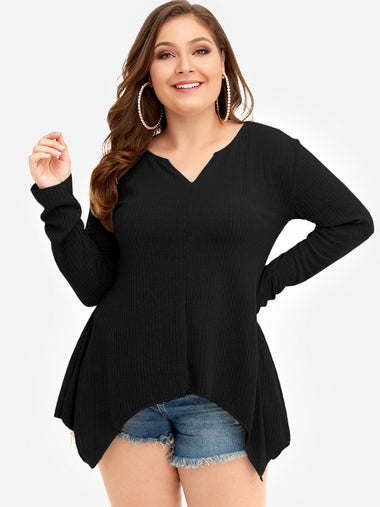 Wholesale Plain Long Sleeve Handkerchief Hem Black Plus Size Tops