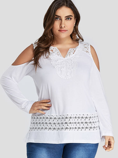 Wholesale V-Neck Embroidered Lace Long Sleeve White Plus Size Tops