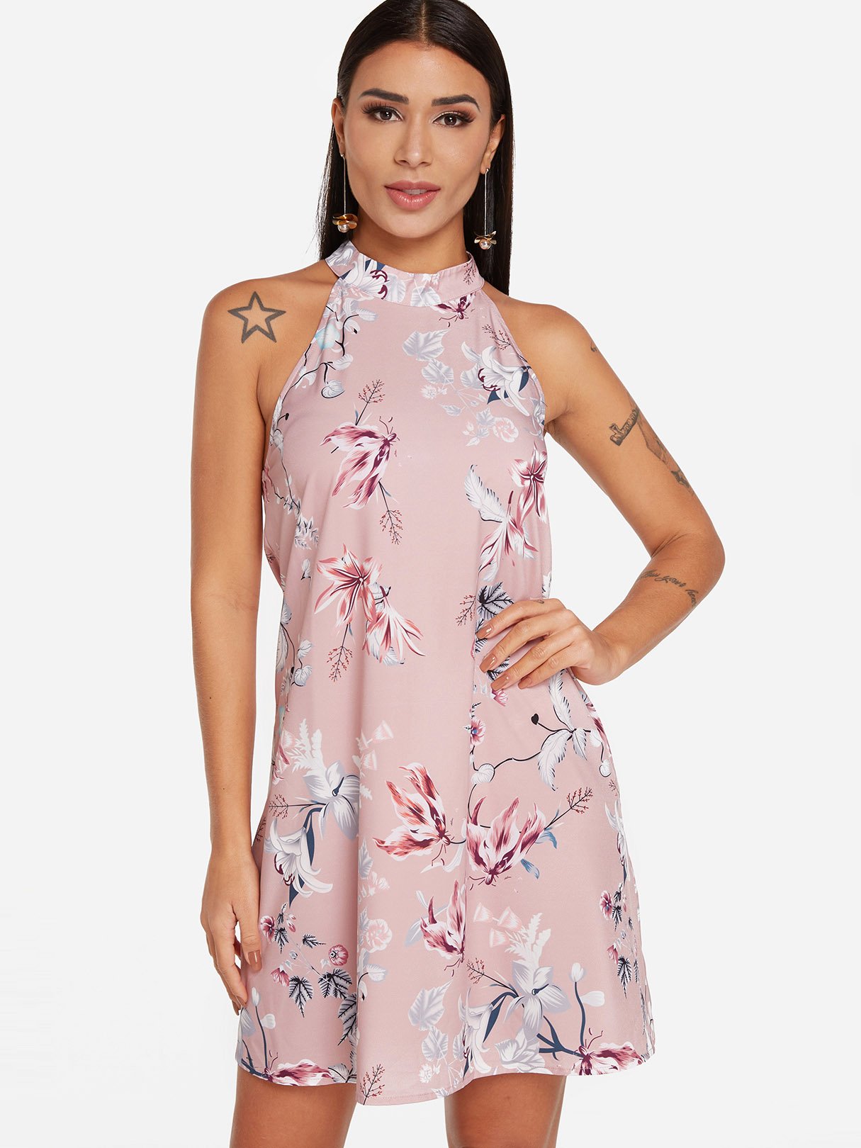 Wholesale Pink Sleeveless Floral Print Lace Zip Back Mini Dress