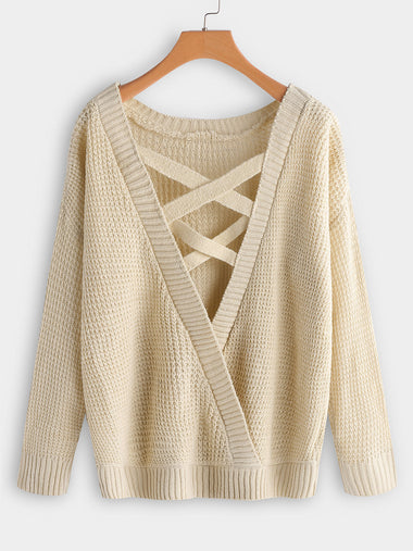 Wholesale Round Neck Plain Backless Criss-Cross Long Sleeve Plus Size Tops