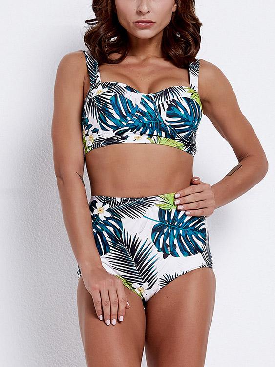 Wholesale V-Neck Sleeveless Floral Print High-Waisted Bikini Set Swimwear