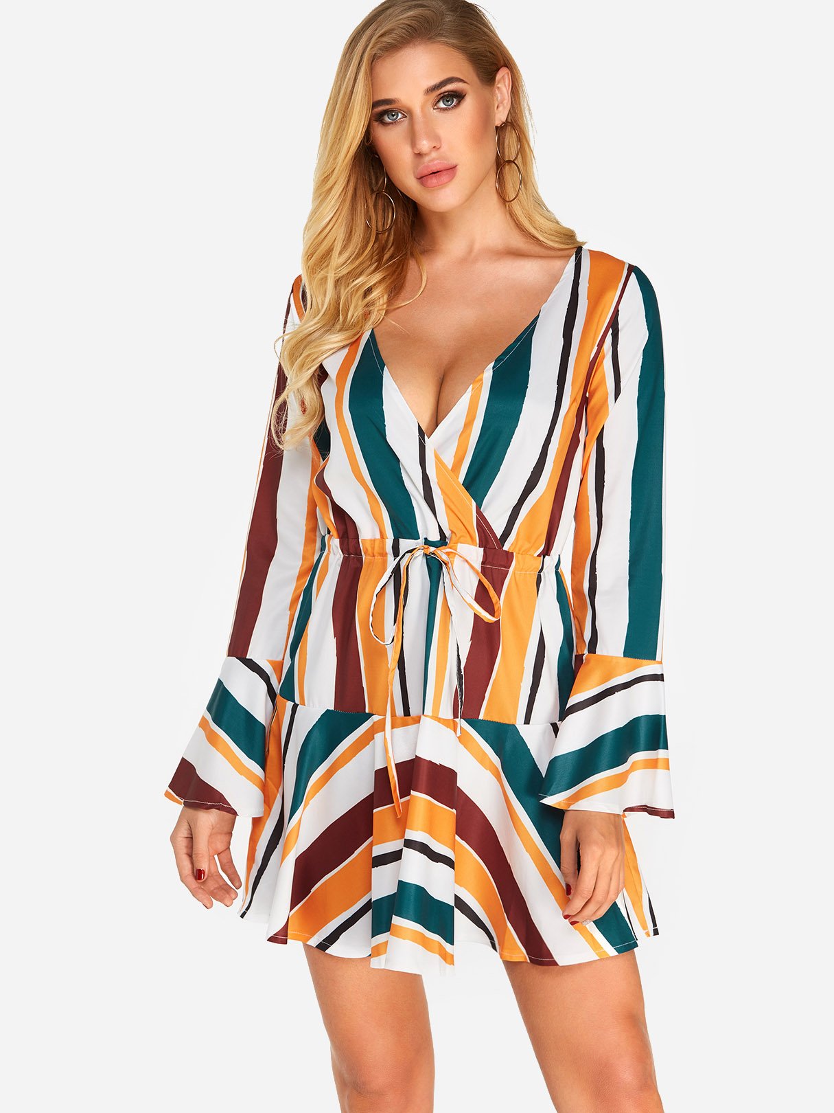 Wholesale Yellow Deep V Neck Long Sleeve Stripe Floral Print Self-Tie Flounced Hem Dresses