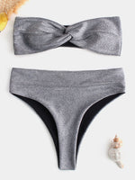 Wholesale Grey Bateau Sleeveless Plain Crossed Front Twist Bikini Set Swimwear