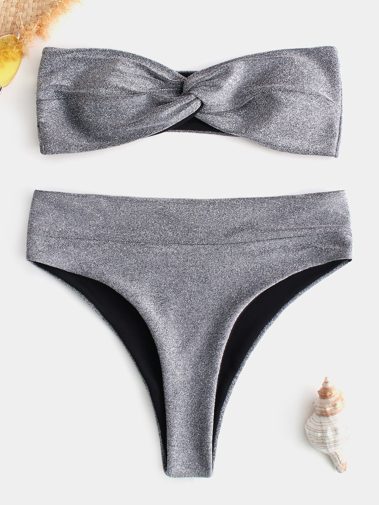 Wholesale Grey Bateau Sleeveless Plain Crossed Front Twist Two Piece Bikinis