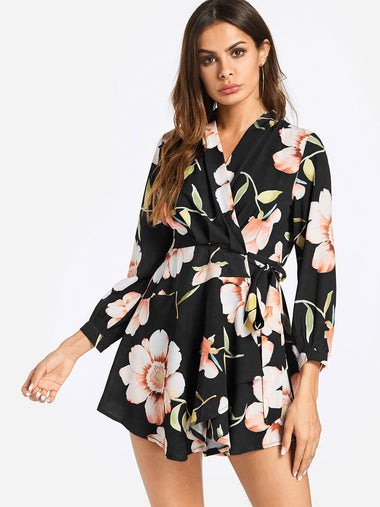 Wholesale Black V-Neck 3/4 Sleeve Floral Print Self-Tie Irregular Hem Mini Dress
