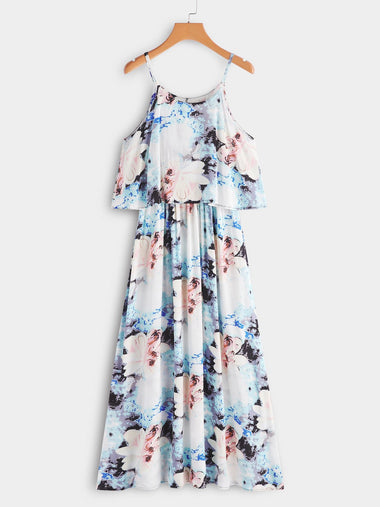 Wholesale White Square Neck Sleeveless Floral Print Tiered Backless Ruffle Hem Dresses