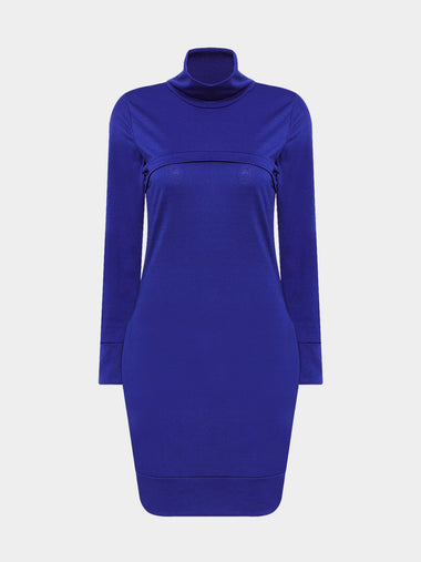 Wholesale Royal Blue High Neck Long Sleeve Side Pockets Mini Dress