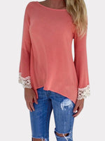 Wholesale Round Neck Sheer Lace Long Sleeve Irregular Hem Watermelon Red T-Shirts