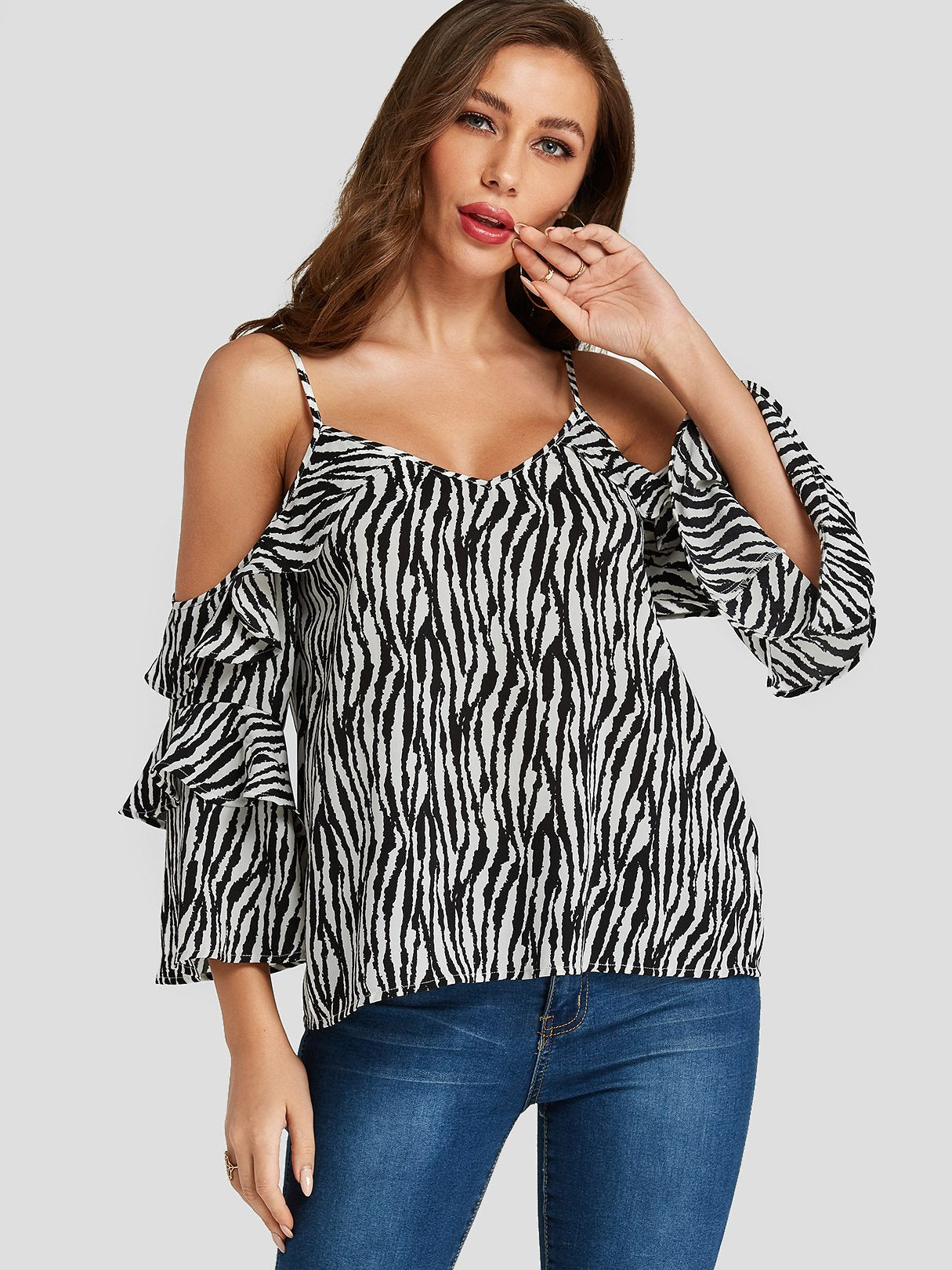 Wholesale Cold Shoulder Zebra Long Sleeve T-Shirts