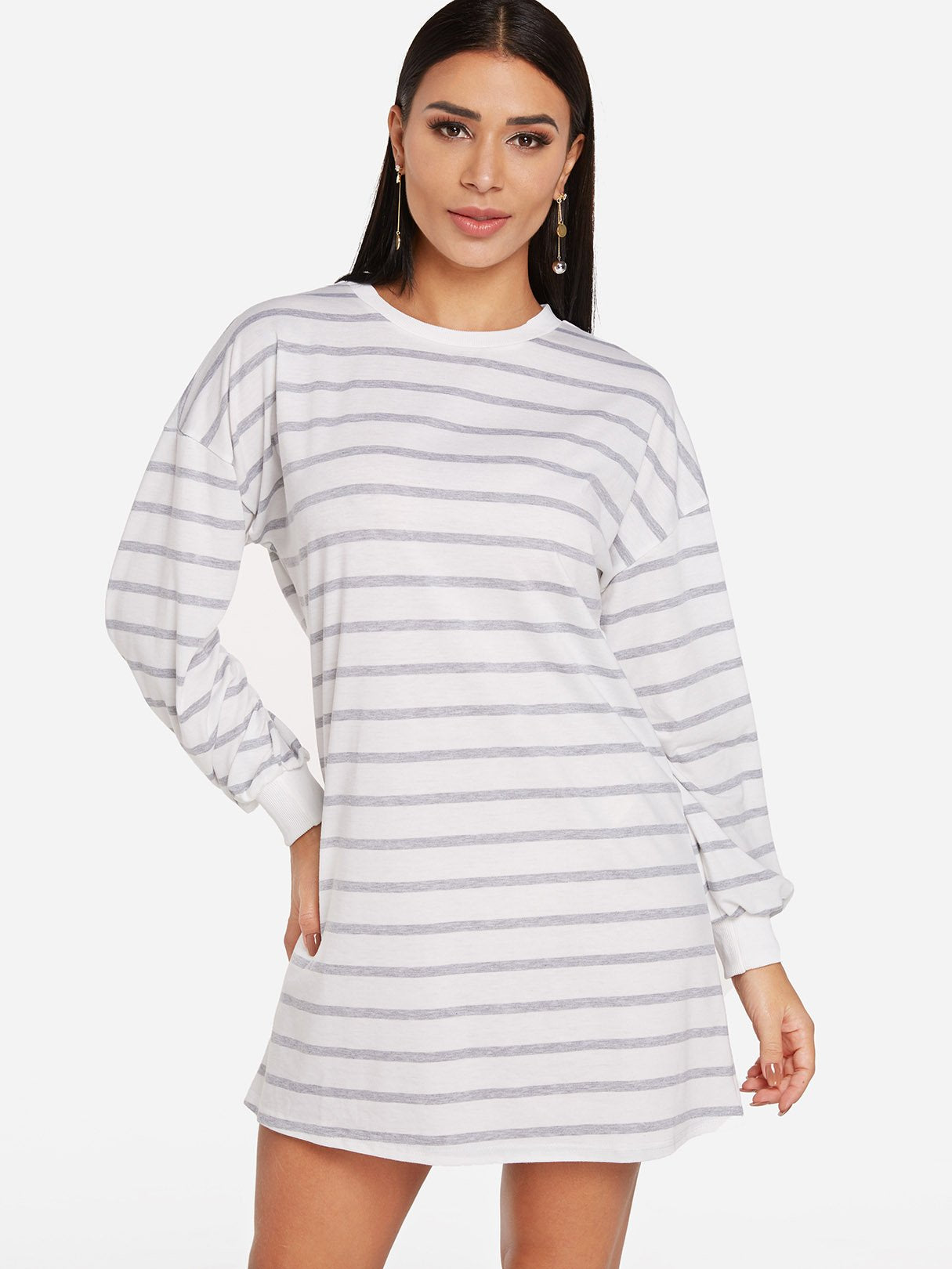Wholesale White Round Neck Long Sleeve Stripe Shirt Dress