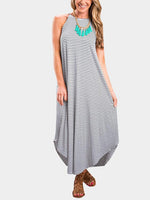 Wholesale Halter Sleeveless Stripe Irregular Hem Maxi Dress