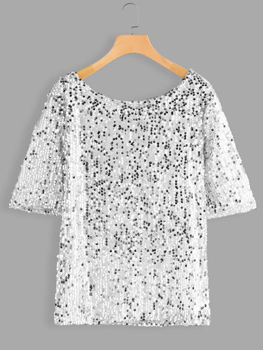 Wholesale Round Neck Plain Sequins Embellished Half Sleeve Silver Plus Size Tops