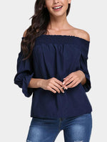 Wholesale Off The Shoulder Lace-Up 3/4 Sleeve Navy T-Shirts