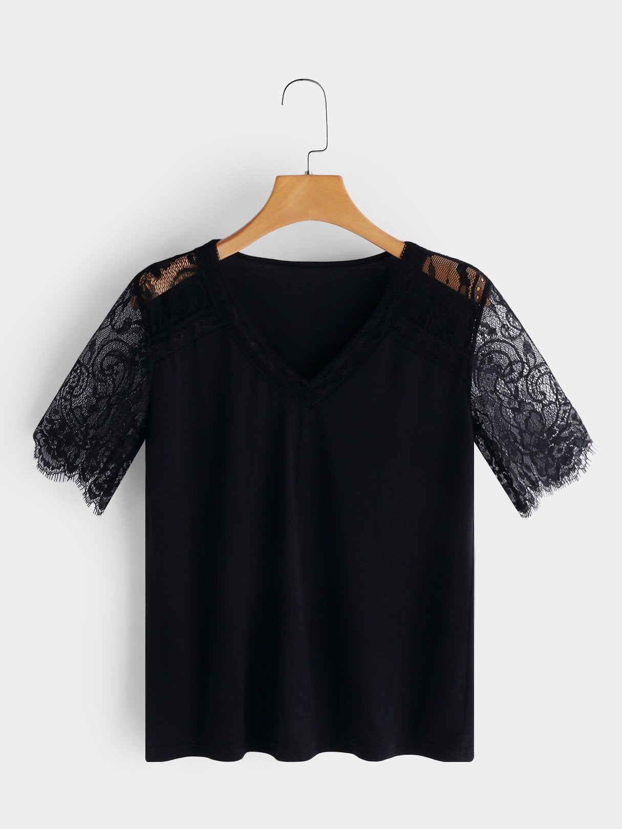 Wholesale V-Neck Lace Short Sleeve Black Top