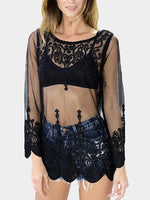 Wholesale Round Neck Embroidered Lace Long Sleeve Flounced Hem Black Blouses