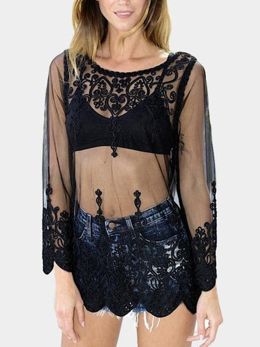 Wholesale Round Neck Embroidered Lace Long Sleeve Flounced Hem Black Blouses