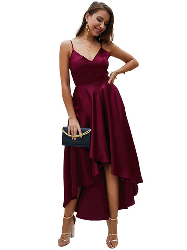Wholesale Red V-Neck Sleeveless Plain Backless Self-Tie High-Low Hem Maxi Dress