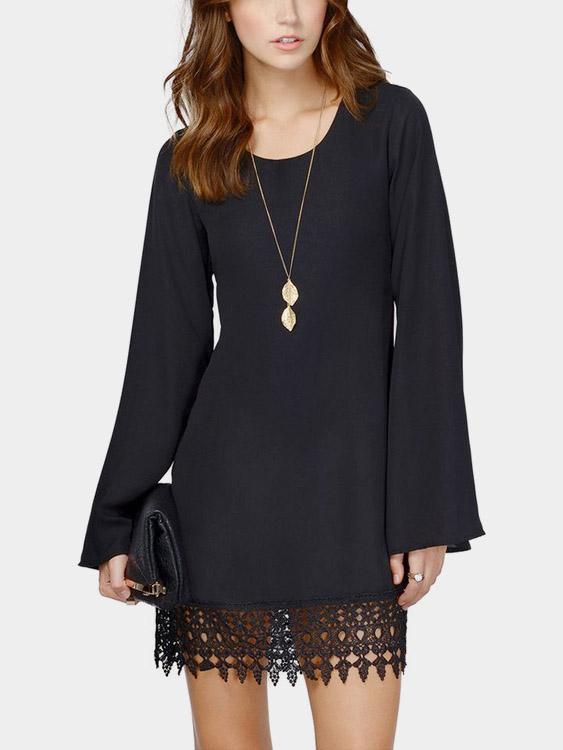 Wholesale Round Neck Lace Long Sleeve Black Casual Dresses