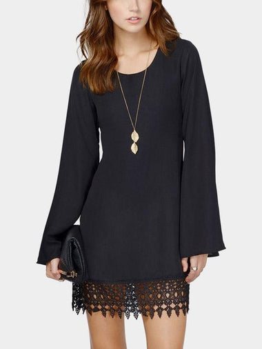 Wholesale Round Neck Lace Long Sleeve Black Casual Dresses