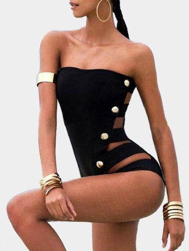 Wholesale Strapless Hollow Sleeveless Black One-Pieces