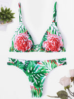 Wholesale Halter Sleeveless Floral Print Backless Lace-Up 2 Piece Bikinis