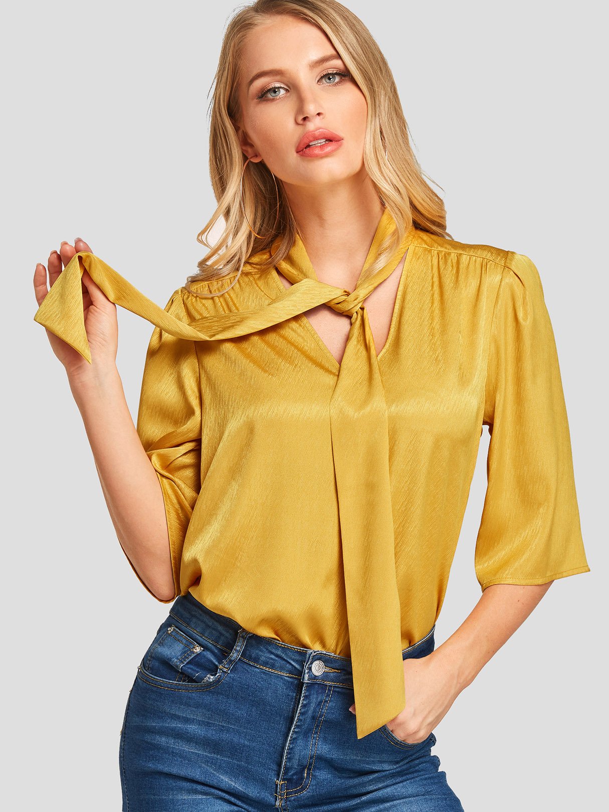 Wholesale V-Neck Plain Pleated Self-Tie Half Sleeve Curved Hem Yellow Blouses