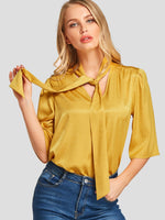 Wholesale V-Neck Plain Pleated Self-Tie Half Sleeve Curved Hem Yellow Blouses