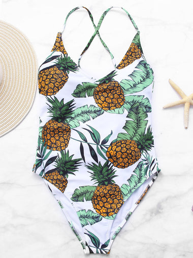 Wholesale V-Neck Printed Lace-Up White One-Pieces