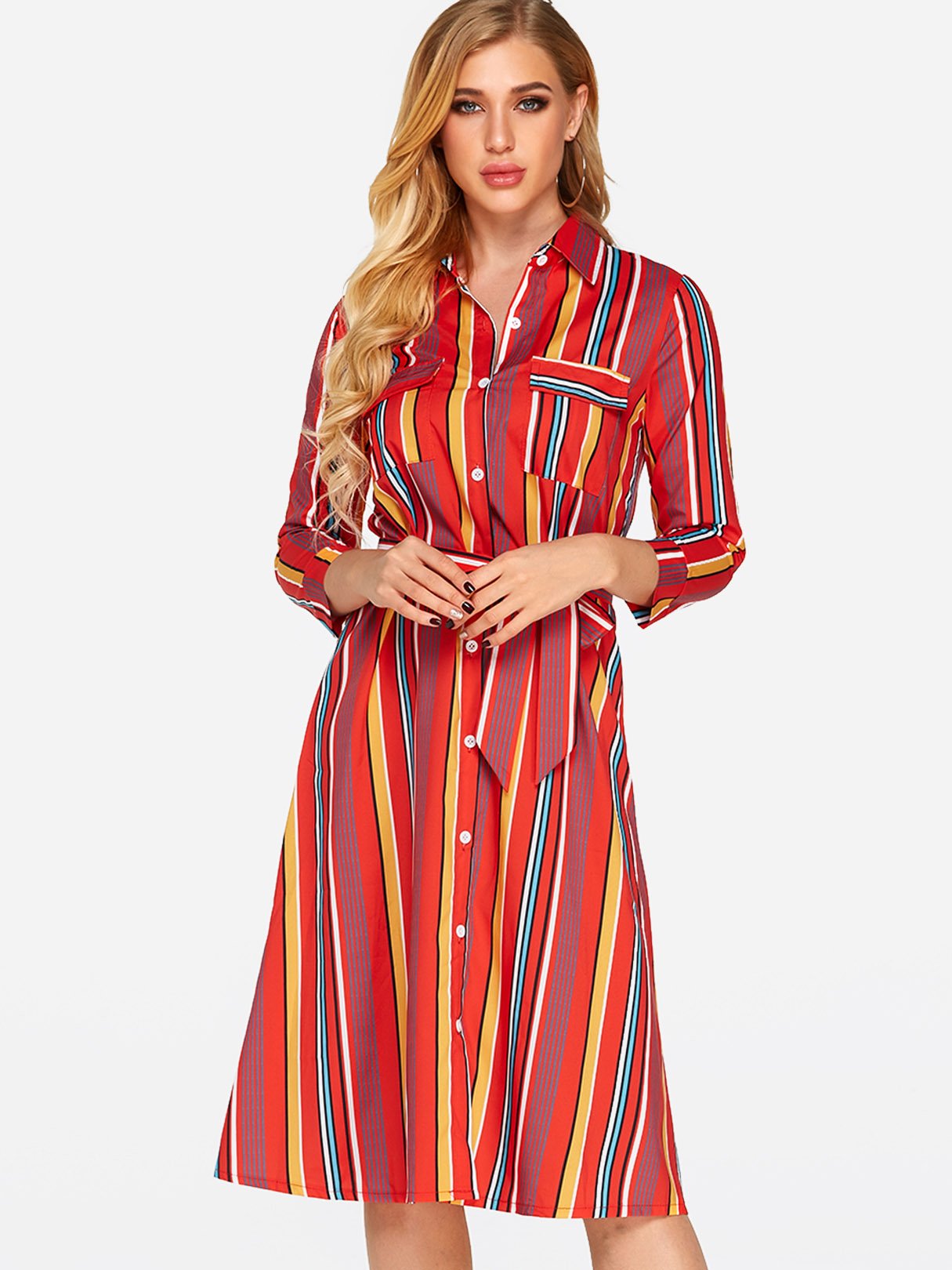 Wholesale Classic Collar 3/4 Length Sleeve Printed Belt Sexy Dress