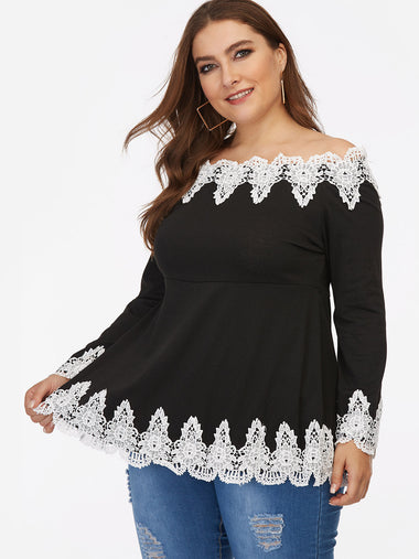 Wholesale Off The Shoulder Plain Lace Long Sleeve Plus Size Tops