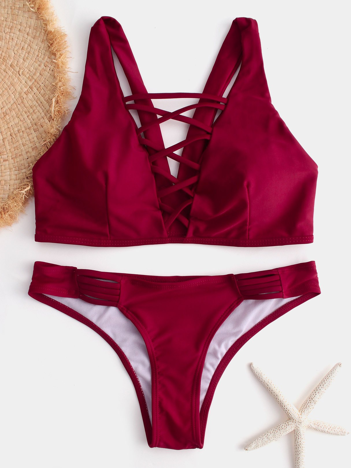 Wholesale V-Neck Backless Criss-Cross Sleeveless Burgundy Bikinis