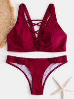 Wholesale V-Neck Backless Criss-Cross Sleeveless Burgundy Bikinis