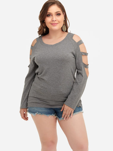 Wholesale Round Neck Plain Cut Out Long Sleeve Slit Hem Plus Size Tops
