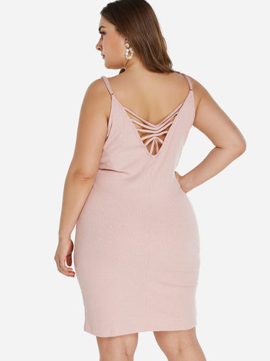 Wholesale Scoop Neck Plain Sleeveless Bodycon Hem Pink Plus Size Dress