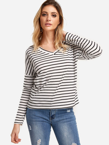 Wholesale V-Neck Stripe Long Sleeve White T-Shirt