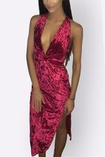 Wholesale Burgundy Deep V-Neck Sleeveless Plain Backless Slit Hem Sexy Dress