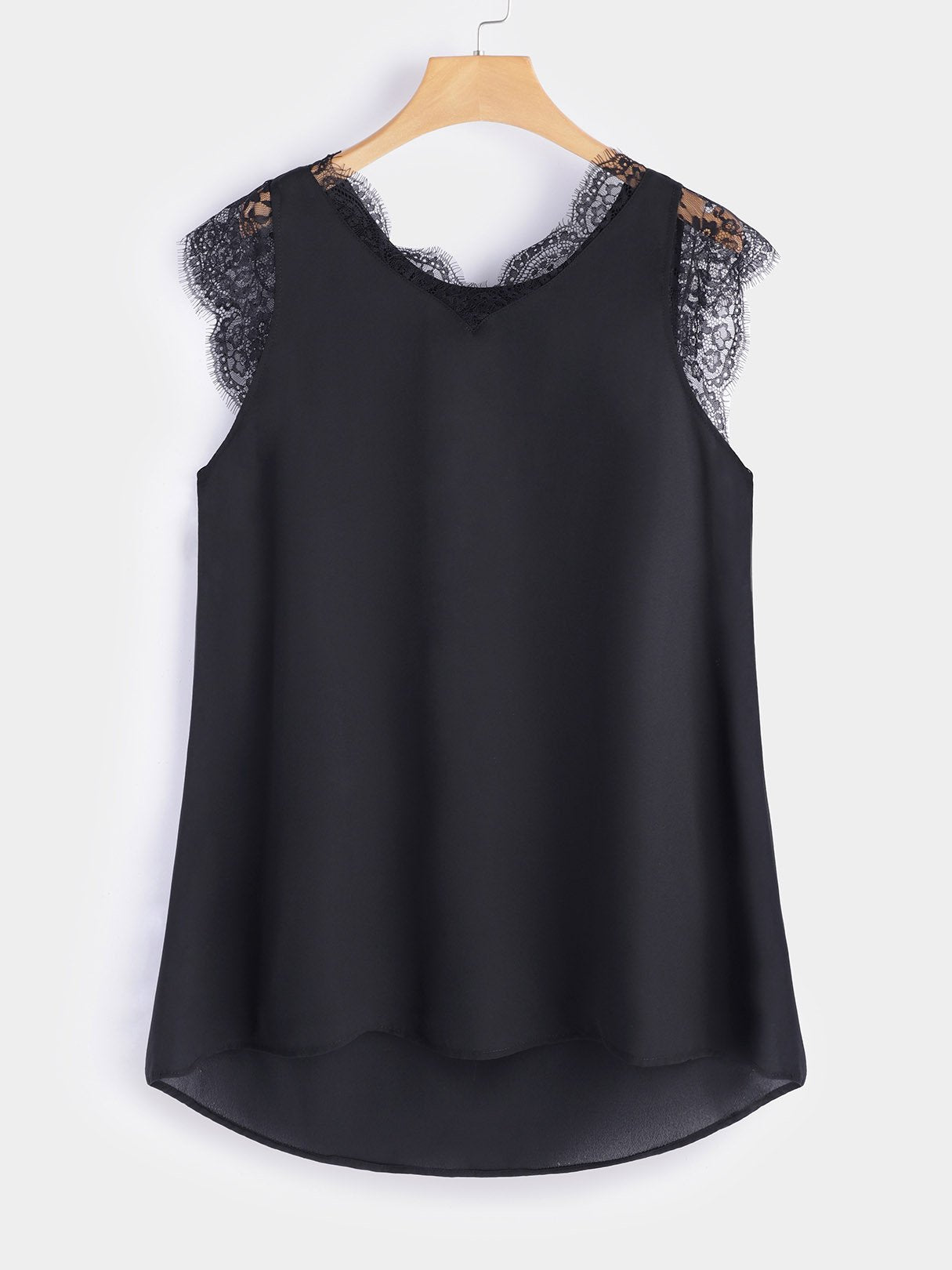 Wholesale V-Neck Lace Short Sleeve Irregular Hem Black T-Shirts