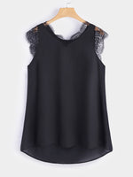 Wholesale V-Neck Lace Short Sleeve Irregular Hem Black T-Shirts